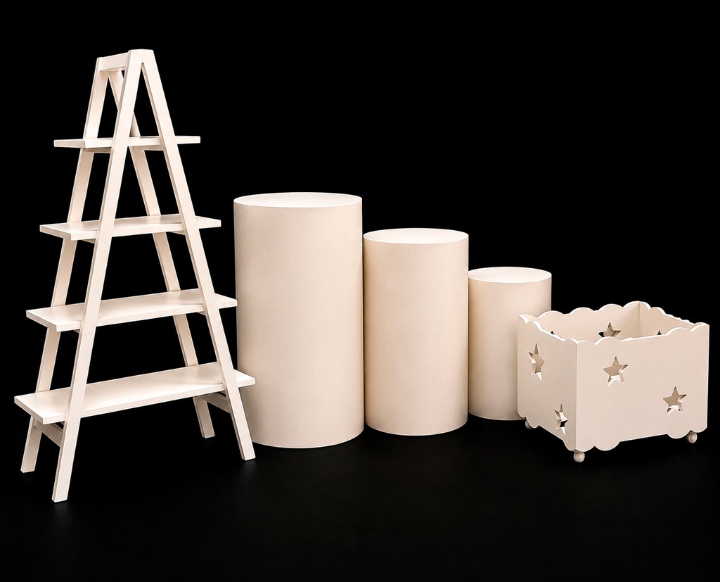 Combo de 3 Cilindros Decorativos, Escalera de Pino y Caja de Regalo al Natura